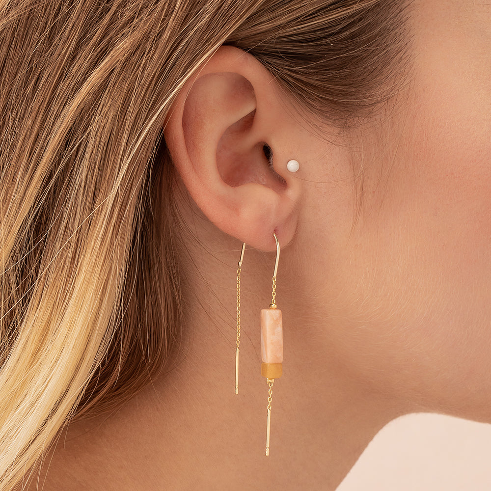 Rectangle Stone Earring - Rose Quartz/Amber/Gold