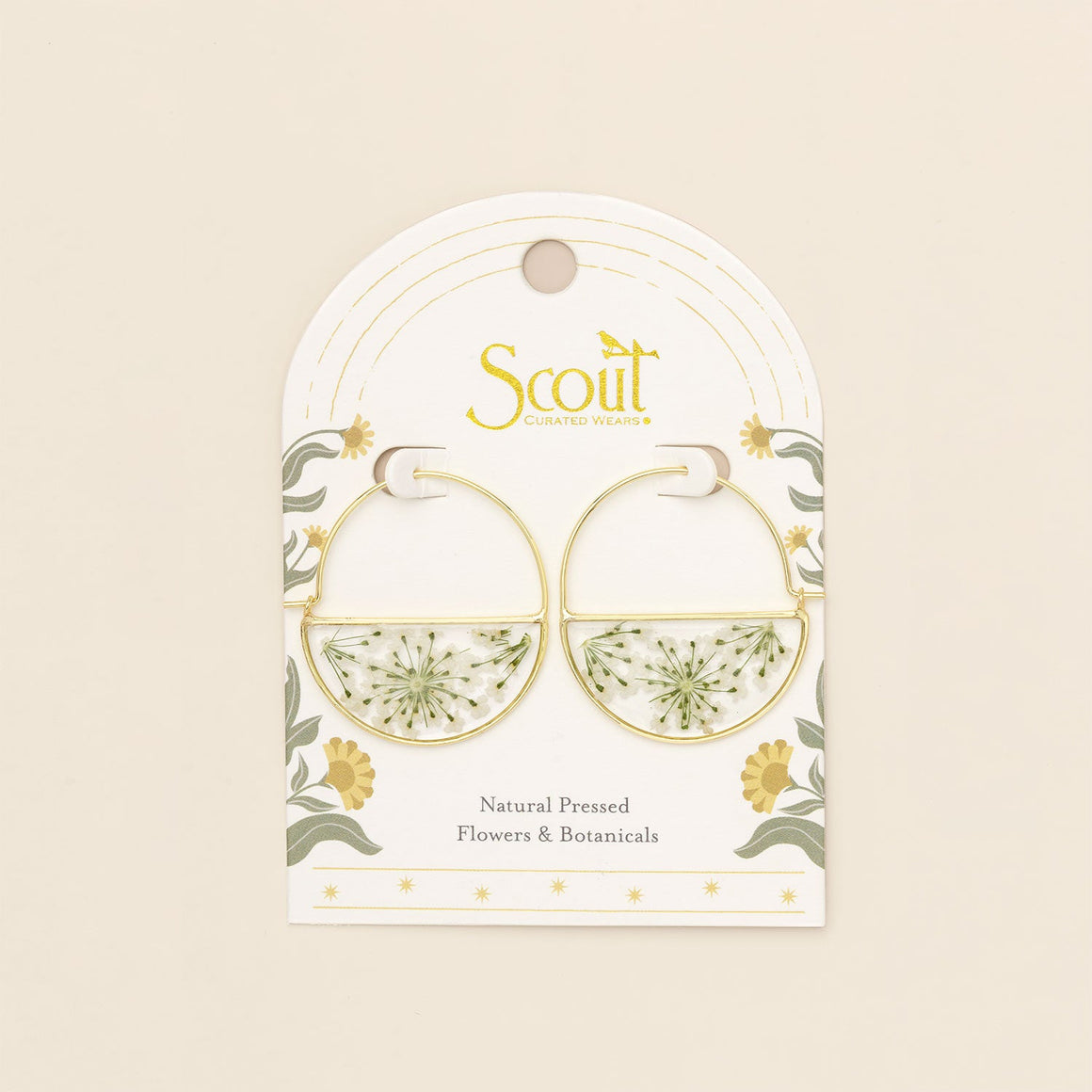 Pressed Flower Hoop Earring - White Lace Flower/Gold