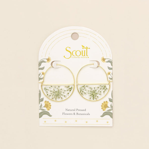 Pressed Flower Hoop Earring - White Lace Flower/Gold