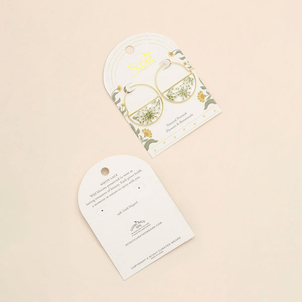 Pressed Flower Hoop Earring - White Lace Flower/Gold