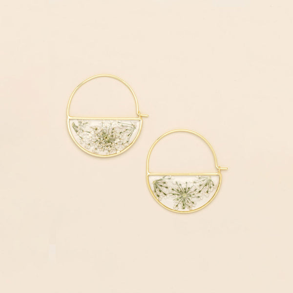 Pressed Flower Hoop Earring - White Lace Flower/Gold