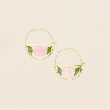 Pressed Flower Hoop Earring - Pink Cherry Blossom/Gold