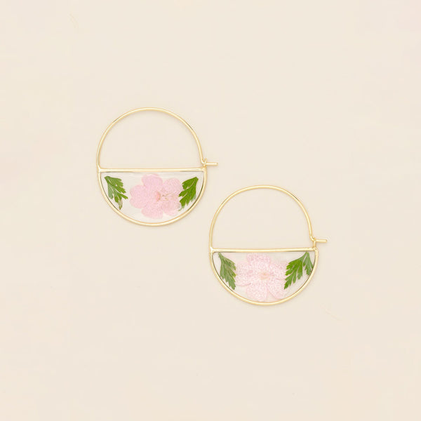 Pressed Flower Hoop Earring - Pink Cherry Blossom/Gold