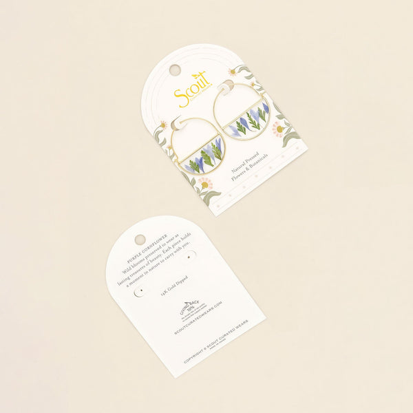 Pressed Flower Hoop Earring - Purple Cornflower/Gold