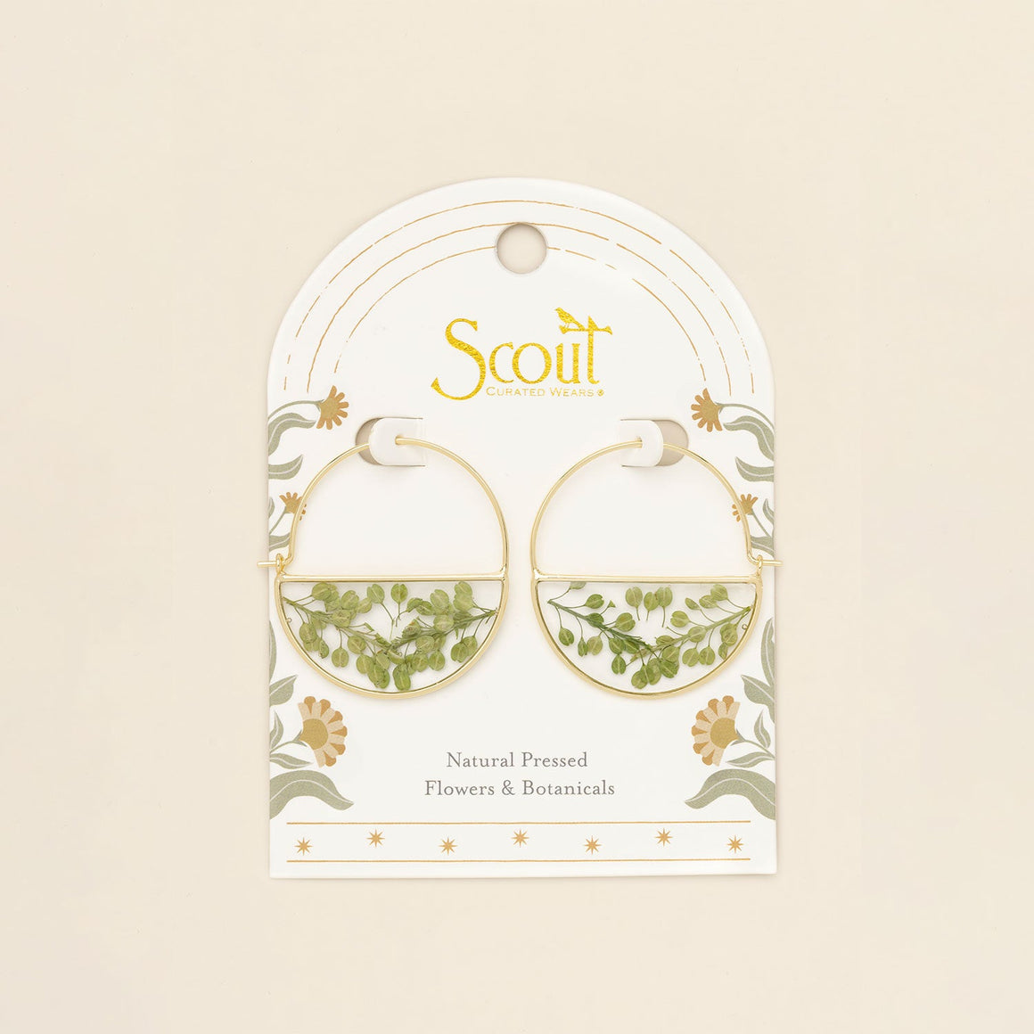 Pressed Flower Hoop Earring - Green Peppergrass/Gold