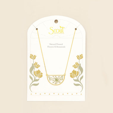 Pressed Flower Necklace - White Lace Flower/Gold