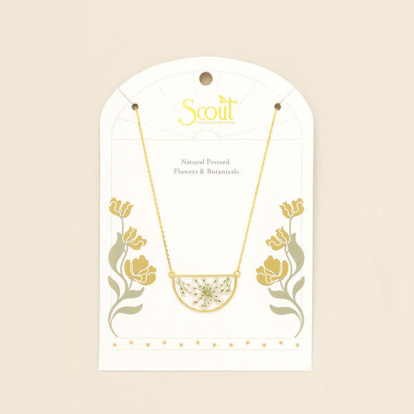 Pressed Flower Necklace - White Lace Flower/Gold