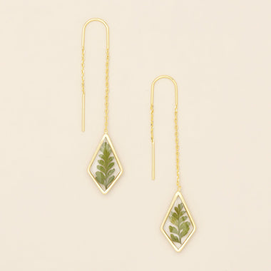 Pressed Flower Thread Earring - Green Bracken Fern/Gold