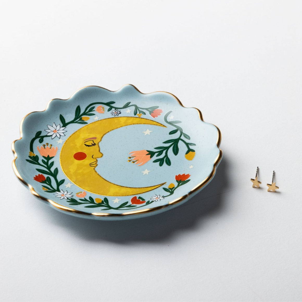 Jewelry Dish & Stud Earring Set - Flower Moon/Blue