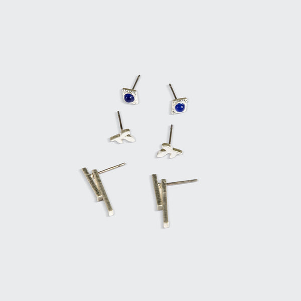 Stud Trio Ear Jacket Set - Leaf/Lapis/Silver