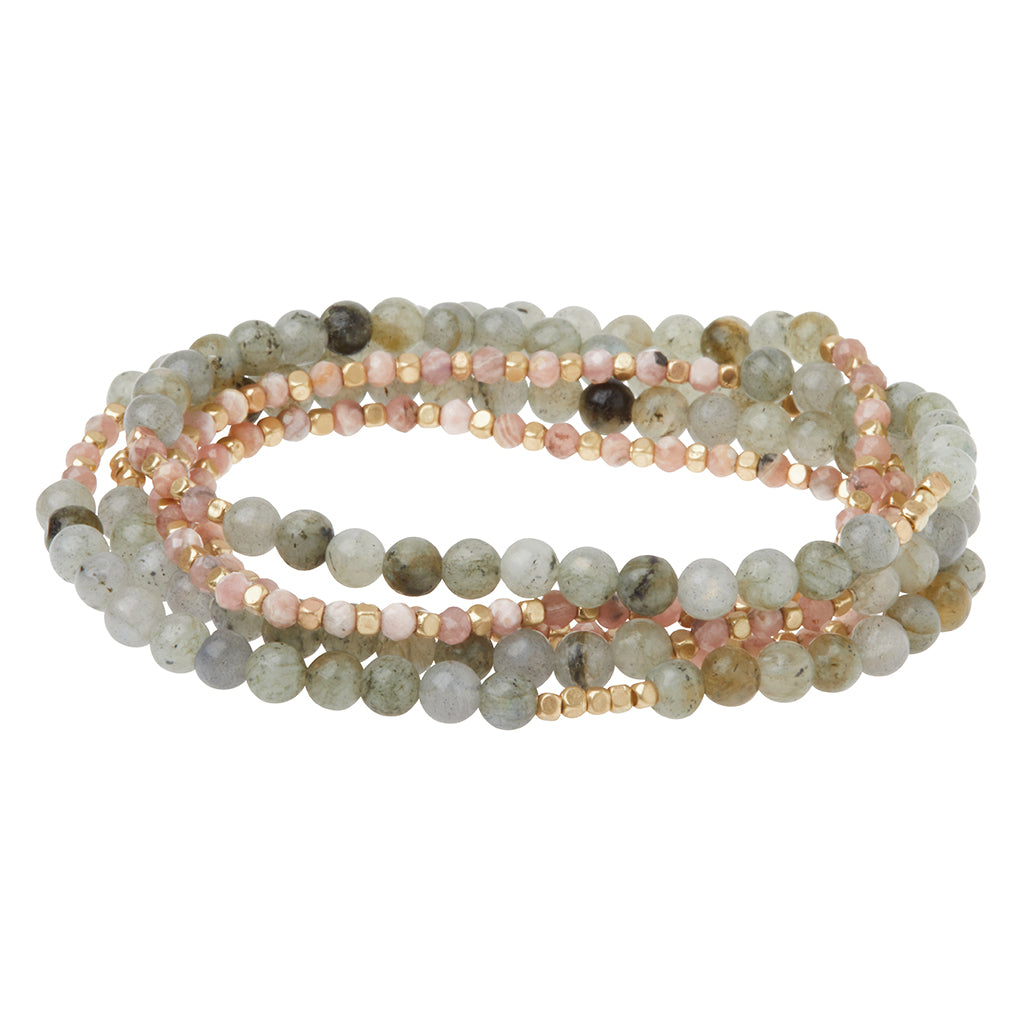 Stone Duo Wrap Bracelet/Necklace/Pin - Rhodochrosite & Labradorite/Gold