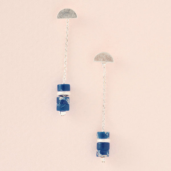 Stone Meteor Thread/Jacket Earring - Lapis/Silver