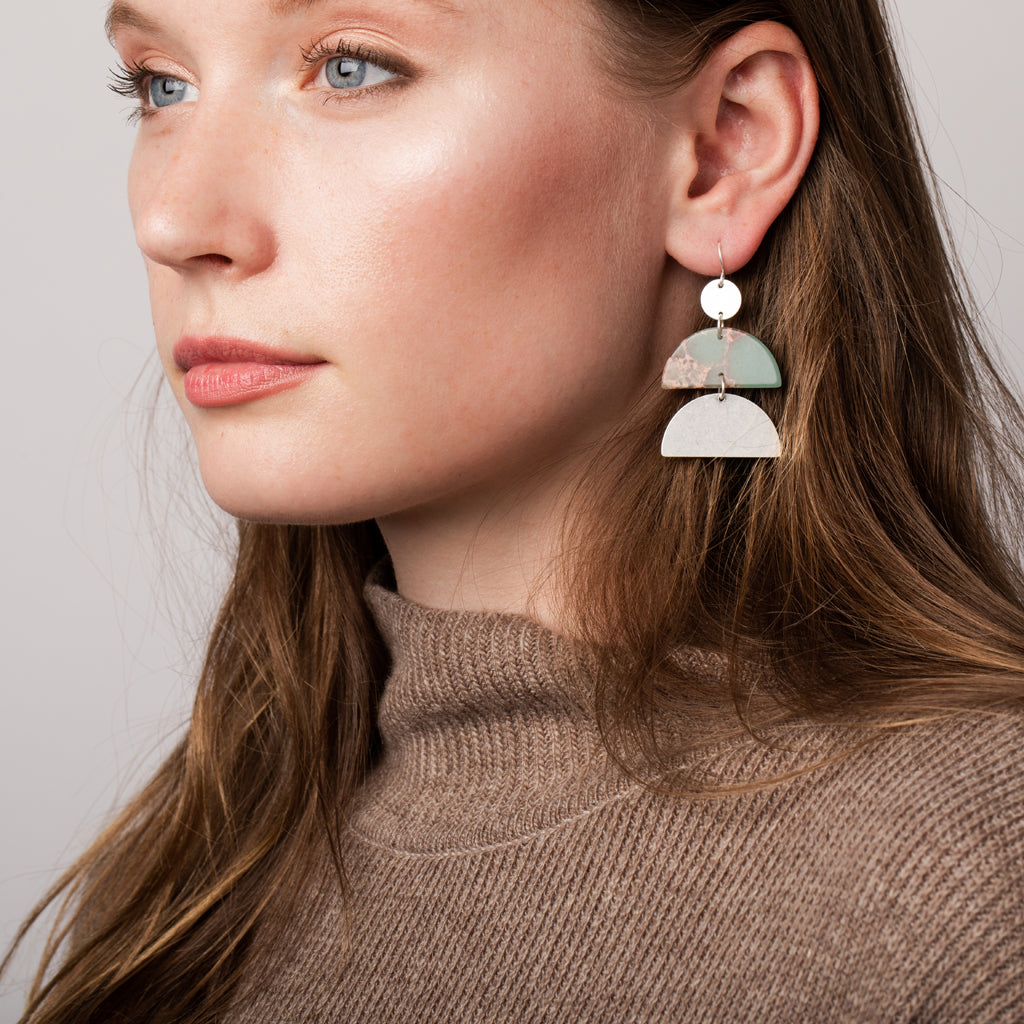 Stone Half Moon Earring - Aqua Terra/Silver